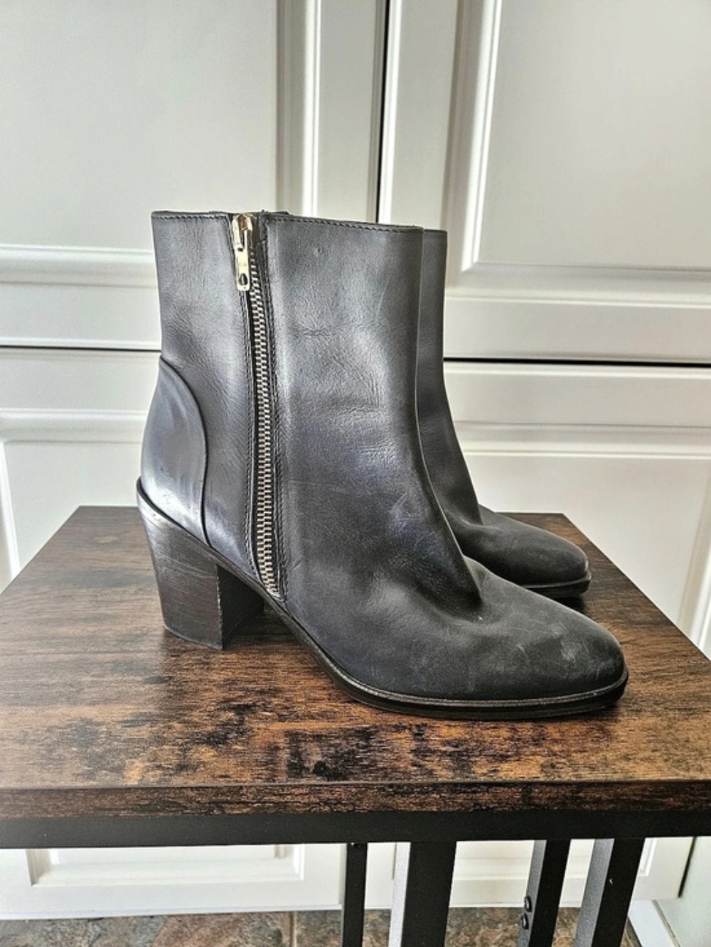 J Crew Wyatt Navy Leather Heeled Ankle Boots Smart Casual Modern Preppy Parisian